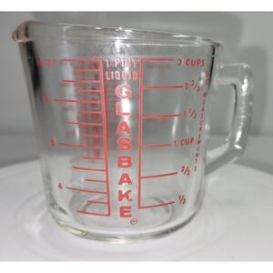 GLASBAKE Red Lettering 2 Cup Glass Measuring Cup D Handle Vintage MCM